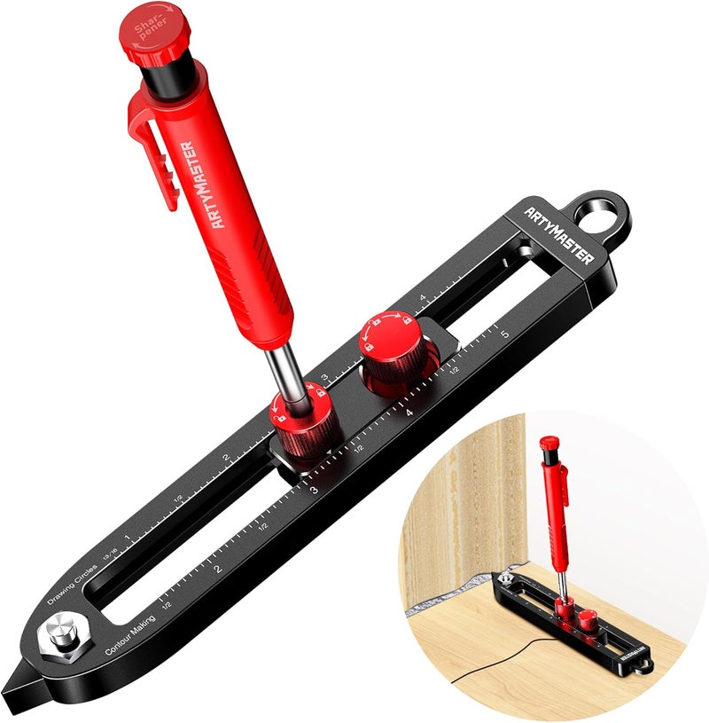 ARTYMASTER Multi-Function Scribing Tool, DIY Woodworking Scriber Line Maker, Portable Aluminum Alloy Woodworking Compass Scriber Tool, Inch Circle Marking Gauge,Deep Hole Carpenter Pencils 6 Refills. - Image 1